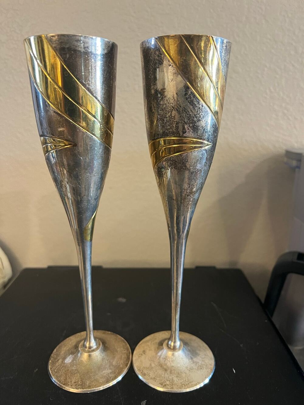 Etched Brass & Silver Plate Champagne Flutes Set Made in India